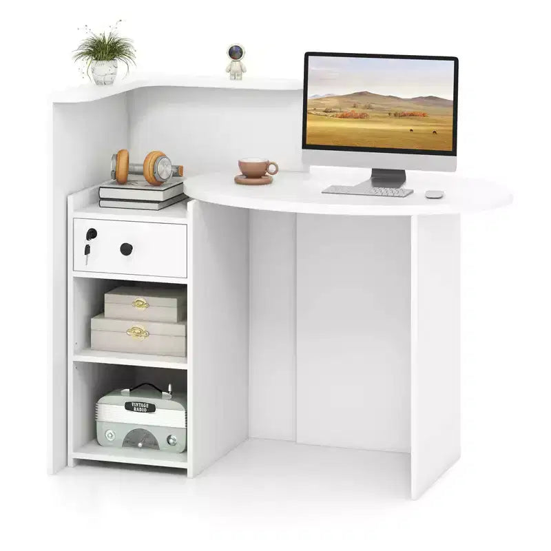 Costway Empfangstresen, Kassentisch und Bürotisch mit offenem Fach und abschließbarer Schublade, Weiß/Braun/Schwarz