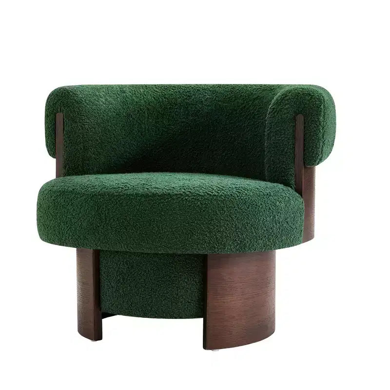Whisen 360° draaibare kuipstoel met sculpturaal gebogen houten ontwerp, massief houten frame, 32 inch breed, veelzijdig voor woonkamer en slaapkamer