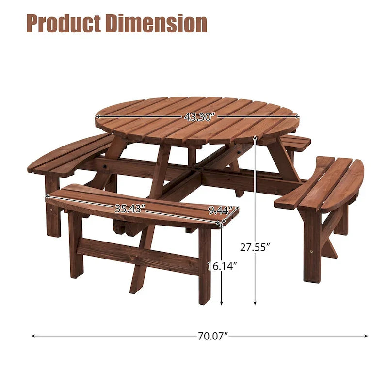 Ensemble de pique-nique rond en bois de sapin pour terrasse extérieure, pour 8 personnes, avec 4 bancs intégrés et un trou pour parasol