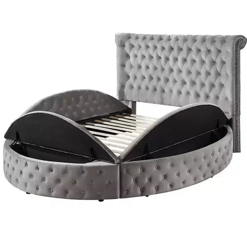 Lit queen Gaiva gris velours 109 - Acme Furniture : clous décoratifs élégants, capitonnage à boutons, cadre en bois composite