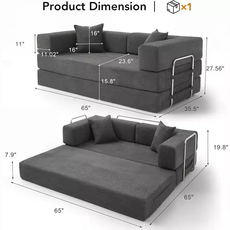 Dyonery 65-Zoll-Fünf-in-eins-Klappsofabett für den Boden, zum Doppelbett-Sofabett umwandelbar, mit festem Metallrahmen, Cord