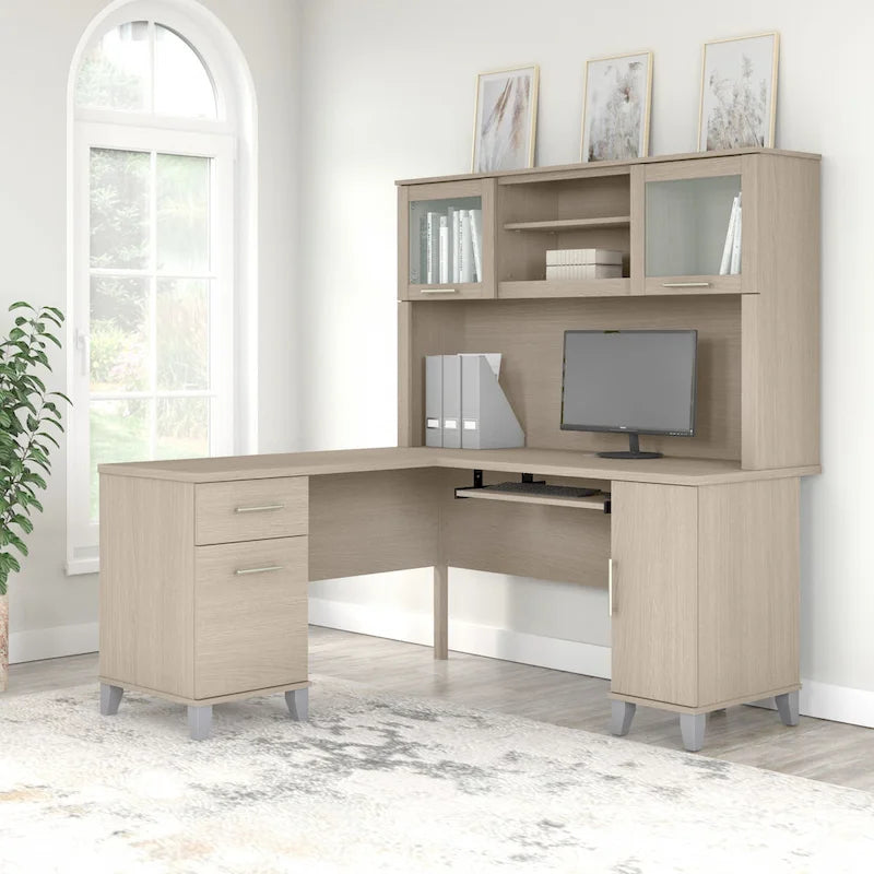 Bush Furniture Somerset 60W L-förmiger Schreibtisch mit Aufsatzregal
