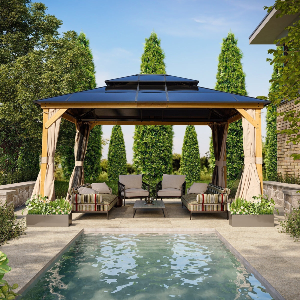 EROMMY hardtop-paviljoen, pergola voor buiten met dubbel dak, netten en gordijnen, extra stevig zonnescherm voor terras, achtertuin en zwembadfeest