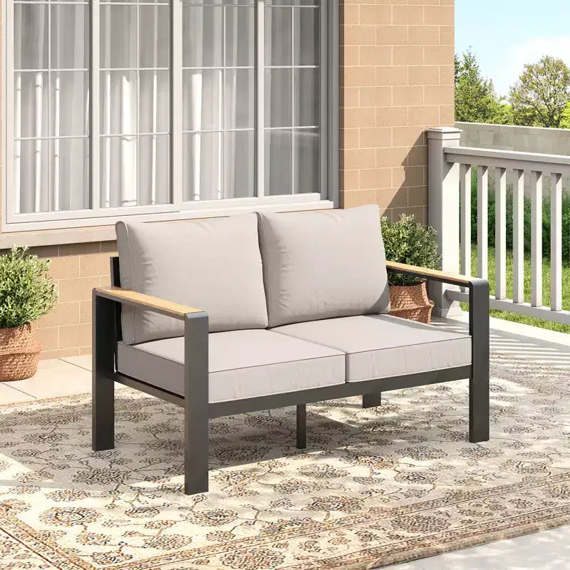 Ensemble de mobilier de patio en aluminium, canapé d’angle d’extérieur avec 5 coussins épais, 4 accoudoirs et table basse pour le jardin, la terrasse ou la cour