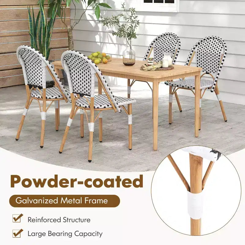 Costway Bistrostuhl-Set im französischen Stil, 4 Stück, mit handgeflochtenem Rattan und verzinktem Metallgestell, für draußen