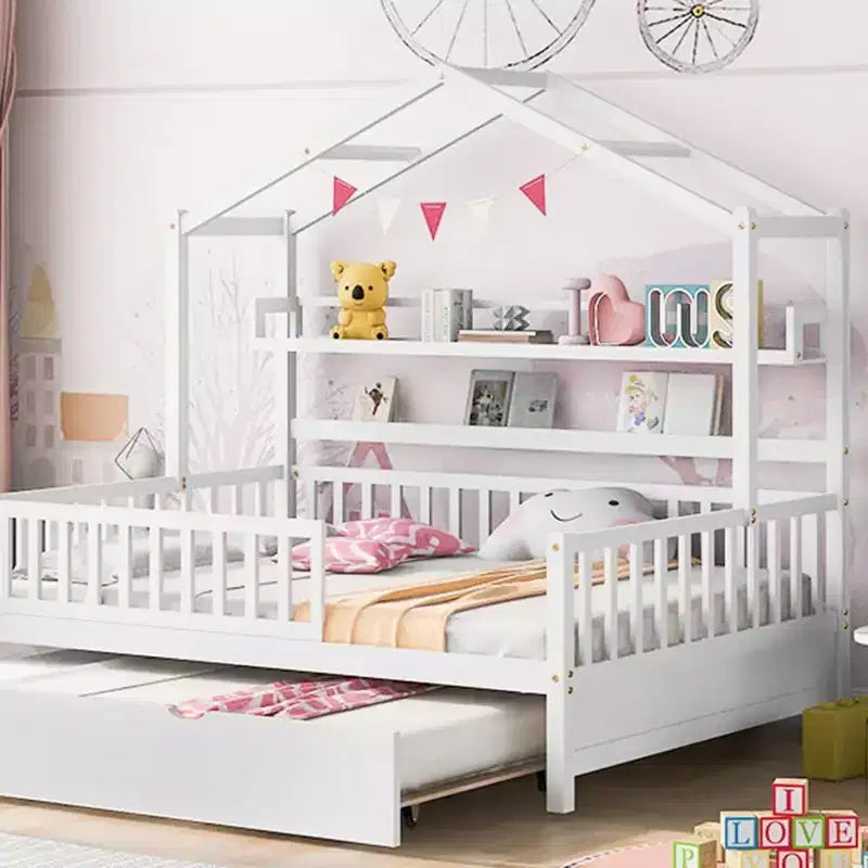 Lit cabane Acekool pour lit double avec lit gigogne simple, tiroirs de rangement et étagères, toit et barrières, lit plateforme pour enfants, blanc