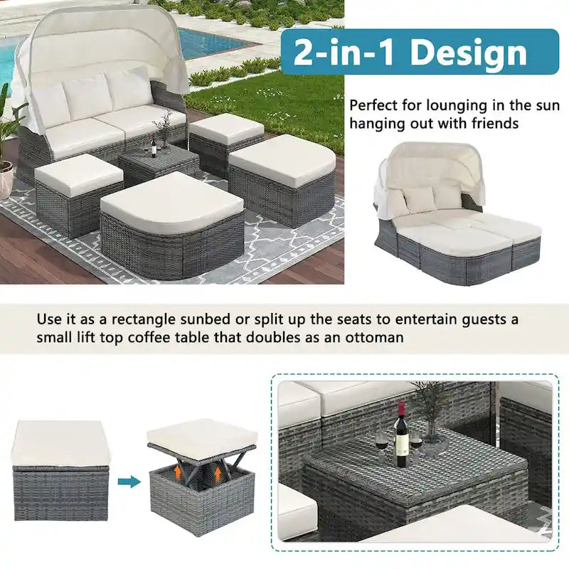 Graues Outdoor-Daybed aus Rattan mit Kissen und ausziehbarem Sonnendach