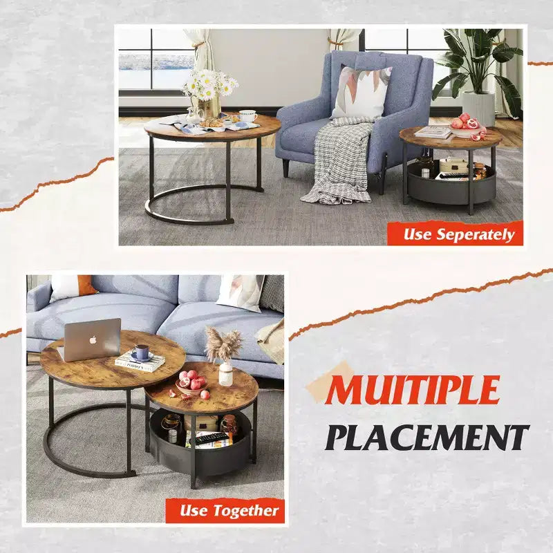 GALAXHERO set van 2 ronde nesttafels - salontafels van 31.5 met opbergruimte en metalen frame voor woonkamer/appartement