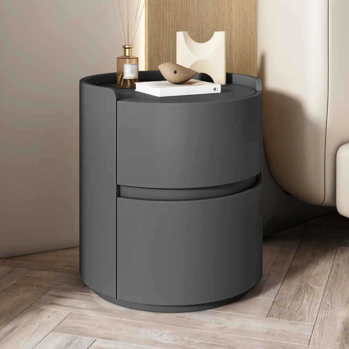 Comodino rotondo moderno con vassoio in pelle e 2 cassetti