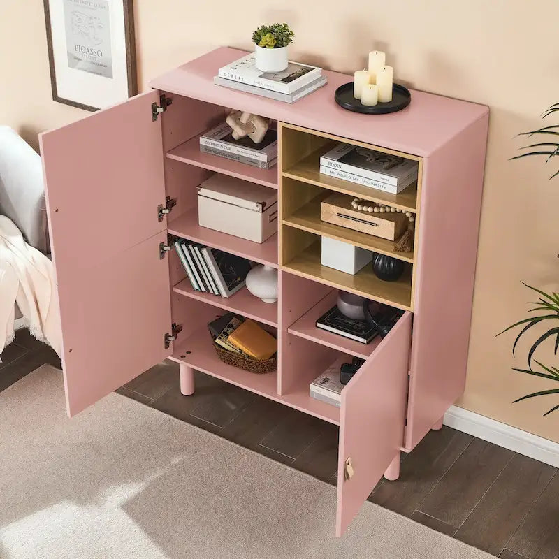 Multifunktionaler Aufbewahrungsschrank mit Tür, modernes Sideboard, Aufbewahrungsschrank aus Holz, Schubladenschrank mit Ledergriffen