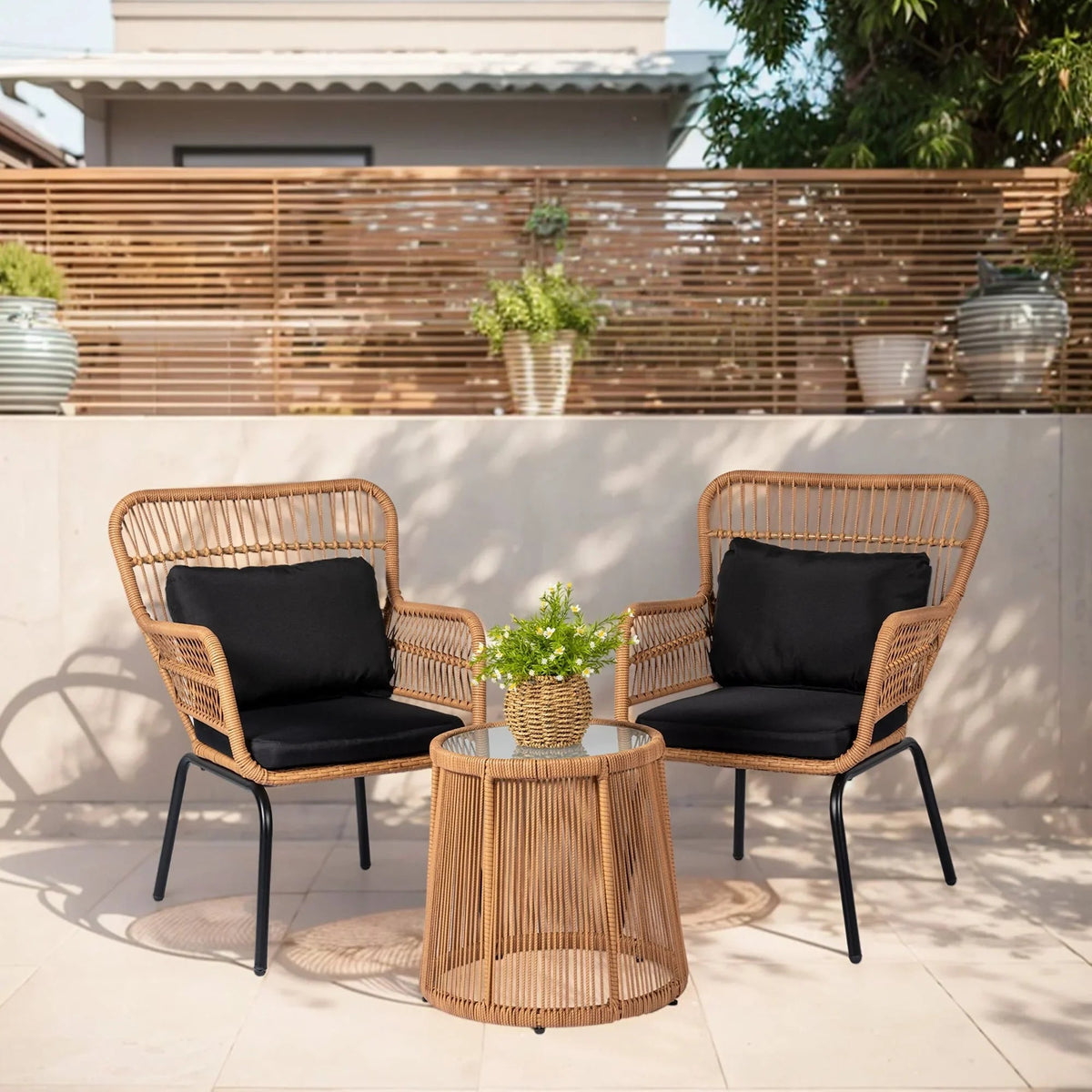 Ensemble bistro de jardin en osier de 3 pièces, ensemble de fauteuils de patio en rotin toutes saisons avec coussins