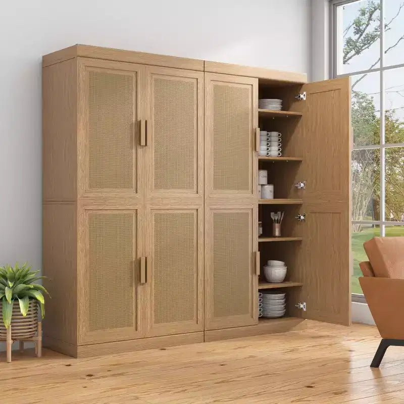 Mobile decorativo contenitore alto 62, con ante in vimini nero effetto legno e 12 ripiani