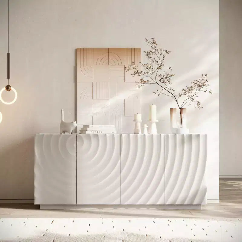 Credenza moderna a spirale 59, mobile contenitore basso per ingresso con ante dalla texture ondulata 3D