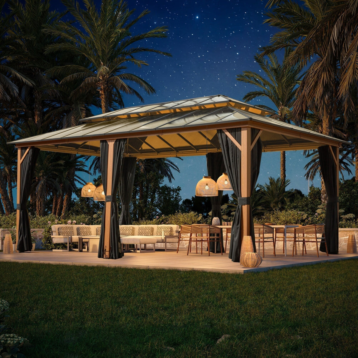 EROMMY hardtop-paviljoen, pergola voor buiten met dubbel dak, netten en gordijnen, extra stevig zonnescherm voor terras, achtertuin en zwembadfeest