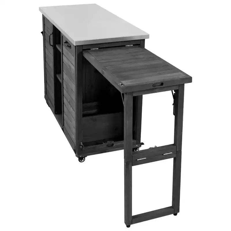 Buitenkeukeneiland van 78.3 inch met roestvrijstalen werkblad, opvouwbaar BBQ-station en opbergkasten, zwart