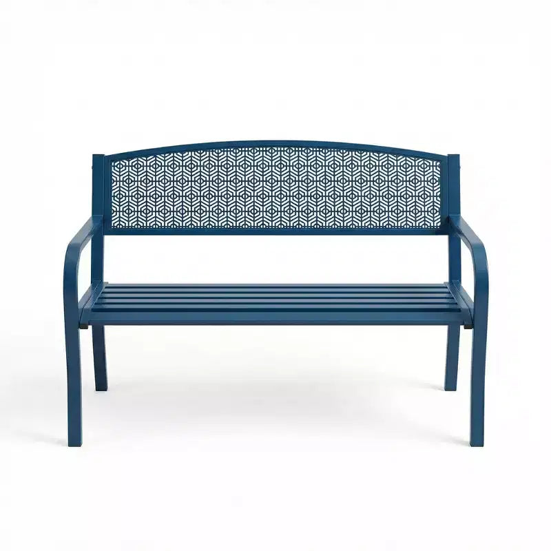 Banc d’extérieur en métal pour 2 personnes, mobilier de jardin en acier avec dossier géométrique pour patio, jardin et véranda