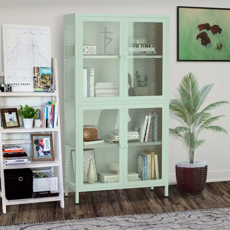 Sideboard aus kaltgewalztem Stahl mit vier Glastüren, verstellbaren Einlegeböden und Füßen