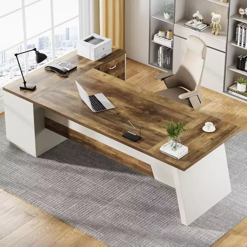 Moderner Lantine-Chefschreibtisch in L-Form, 78 L, mit Schubladen und seitlichem Aktenschrank