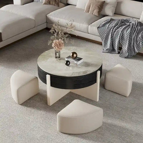 Moderner Couchtisch 31.5, höhenverstellbare Tischplatte mit 3 Hockern, Schwarz - 31.5 X 31.5