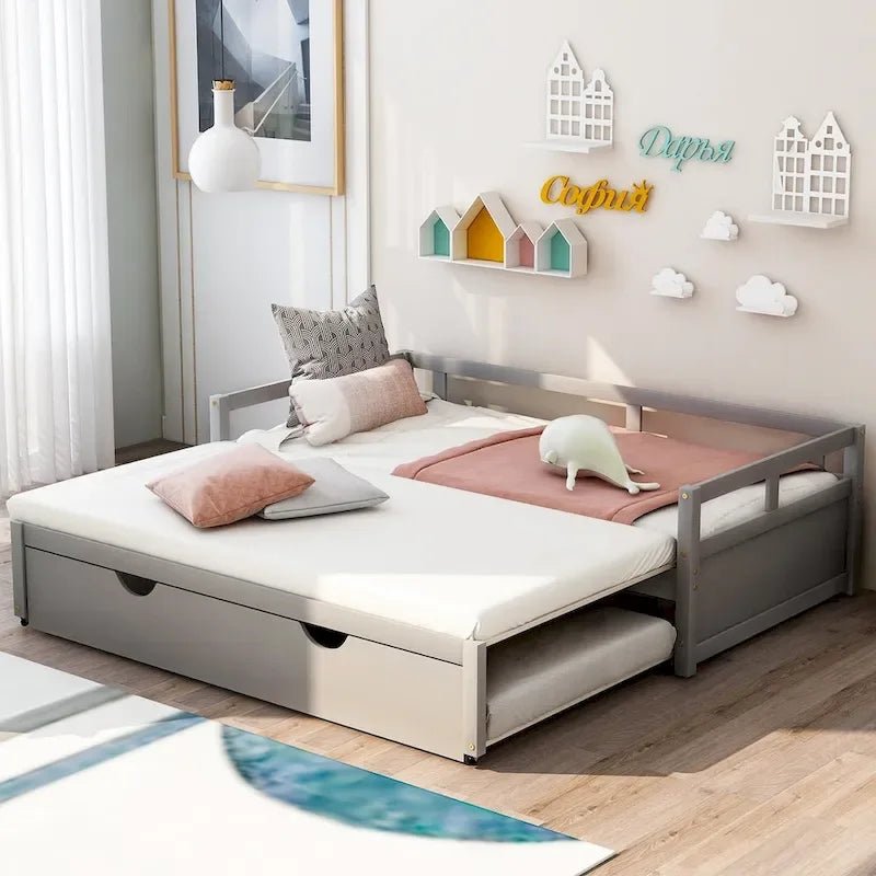 Ausziehbares Tagesbett mit Ausziehbett, Holztagesbett mit Ausziehbett