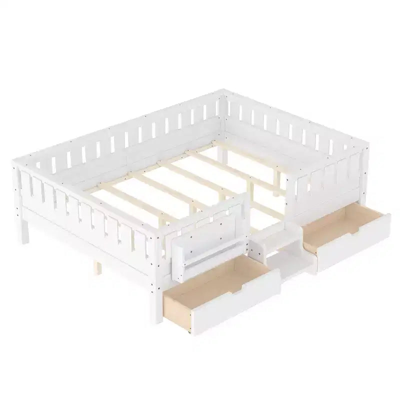 Lit pour enfant Bellemave format queen avec 14 barrières de sécurité, cadre de lit compact avec bibliothèque intégrée et 2 tiroirs de rangement sous le lit