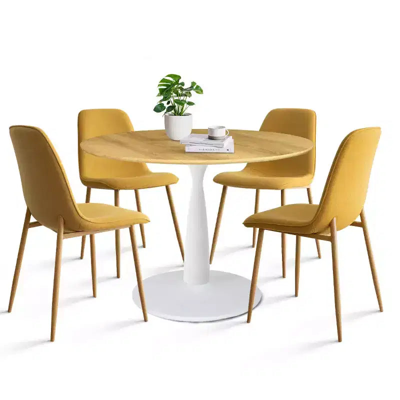 Ensemble de salle à manger rond 5 pièces, table à piètement central de 37 avec plateau effet bois et chaises courbes rembourrées, style moderne-Panipeachy