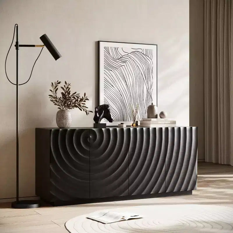 Credenza moderna a spirale 59, mobile contenitore basso per ingresso con ante dalla texture ondulata 3D