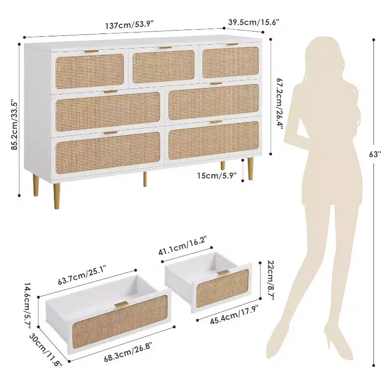 Rattan-Kommoden mit 7 Schubladen fürs Schlafzimmer, hohe Kommode mit tiefen Schubladen, große Schubladenkommode für den Kleiderschrank mit breiter Ablagefläche, Holzkommode fürs Wohnzimmer