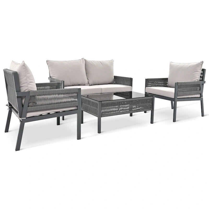 4-delige tuinmeubelset, loungeset voor buiten met tafel van gehard glas, diepe zit en dikke kussens