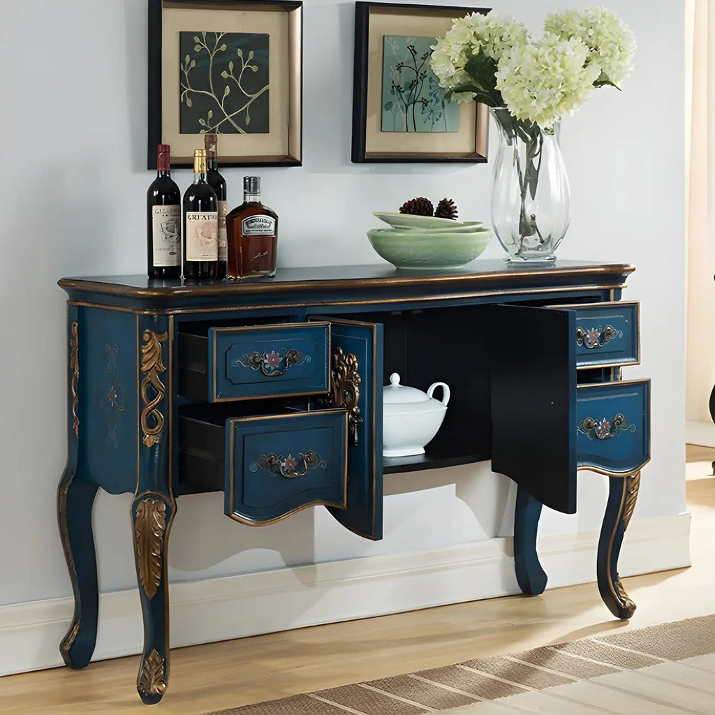 Franse houten koffiekleurige opbergconsoletafel met laden