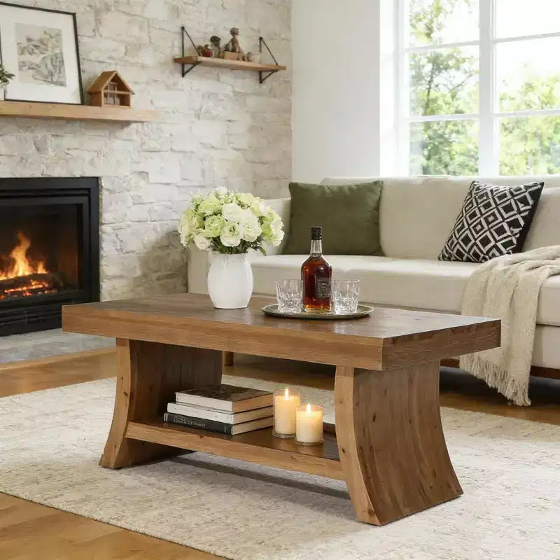 Couchtisch Lantine im Landhausstil, 47.2 Zoll, mit Ablageboden, moderner Mid-Century-Tisch aus Massivholz mit geschwungenem Fuß für das Wohnzimmer, Walnuss