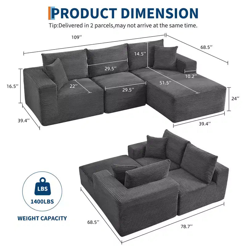 108 Modernes 3-Sitzer-Sofa, gepolstertes Sofa in L-Form mit Kissen, Sofa mit tiefer Sitzfläche, keine Montage erforderlich
