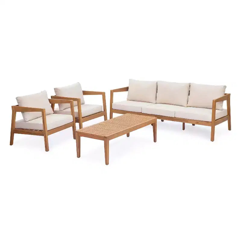 Ensemble de salon de jardin 4/5 pièces en bois d’acacia ModernLuxe, salon d’extérieur avec table basse pour porche/jardin/balcon