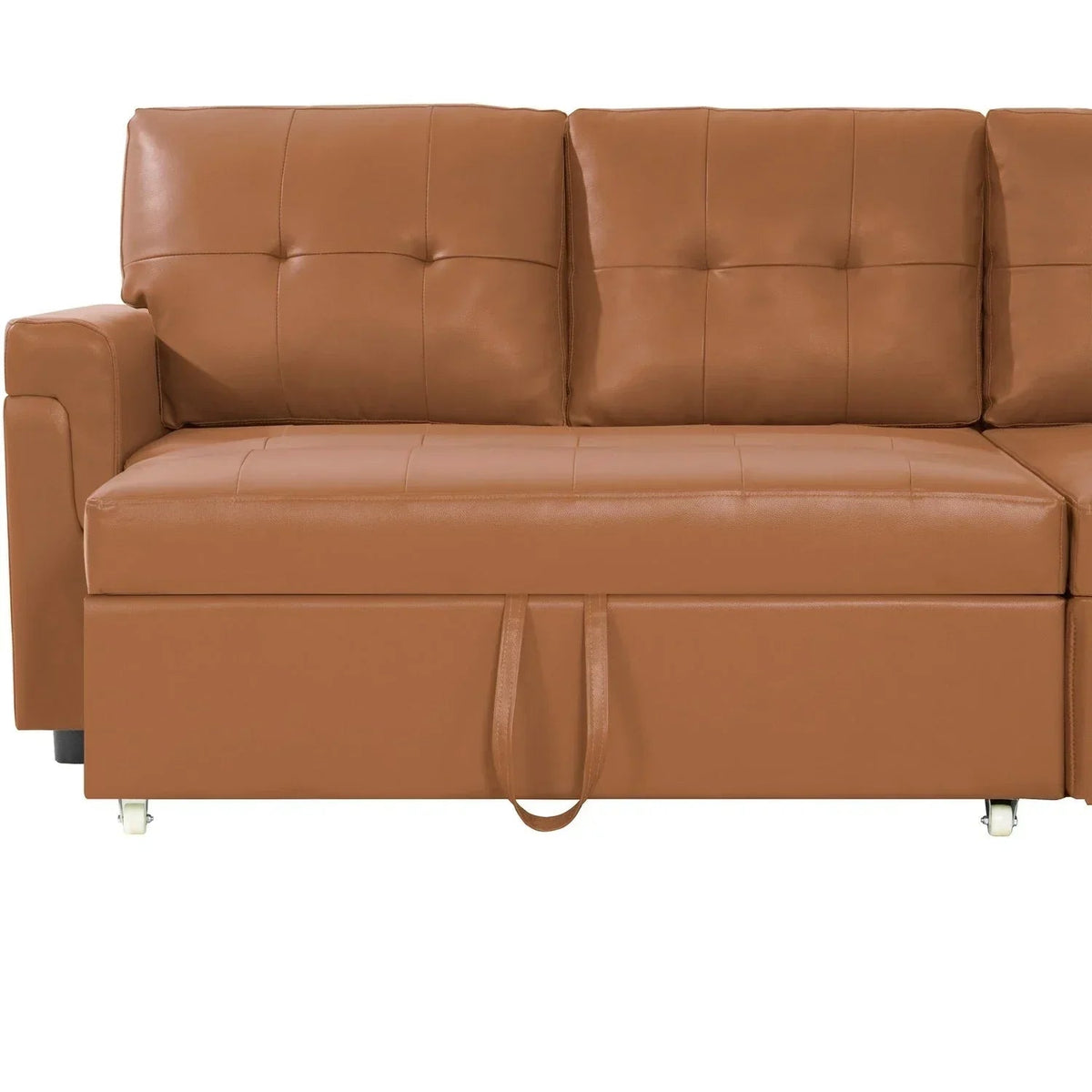 Umbaubares, beidseitig montierbares Ecksofa mit ausziehbarem Schlafbett, verstecktem Stauraum in der Recamiere und robusten Beinen