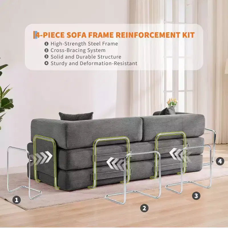 Modernes 79-Futon-Schlafsofa aus Cord für kleine Räume, 5-in-1-Couch mit abnehmbaren Armlehnen und Kissen