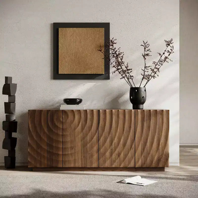 Credenza moderna a spirale 59, mobile contenitore basso per ingresso con ante dalla texture ondulata 3D