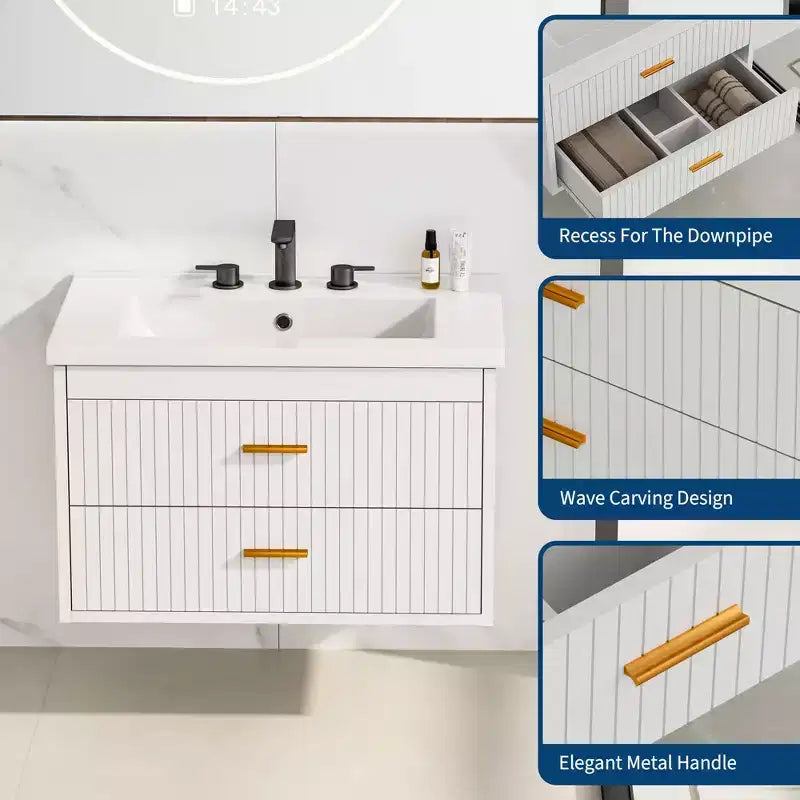 Schwebender Waschtischunterschrank mit Waschbecken - moderner wandmontierter Waschtischunterschrank mit Keramikwaschbecken, 2 großen Schubladen, wasserfest und leicht zu reinigen