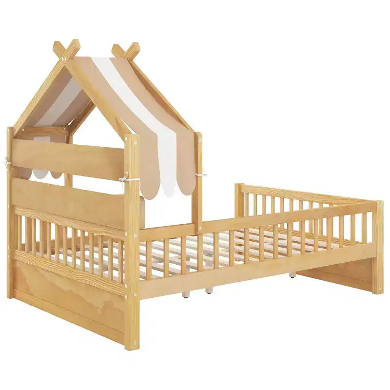 ModernLuxe houten huisbed in twin-/full-size met opbergvak in het hoofdbord, bedframe van massief grenenhout voor kinderen met veiligheidsleuningen