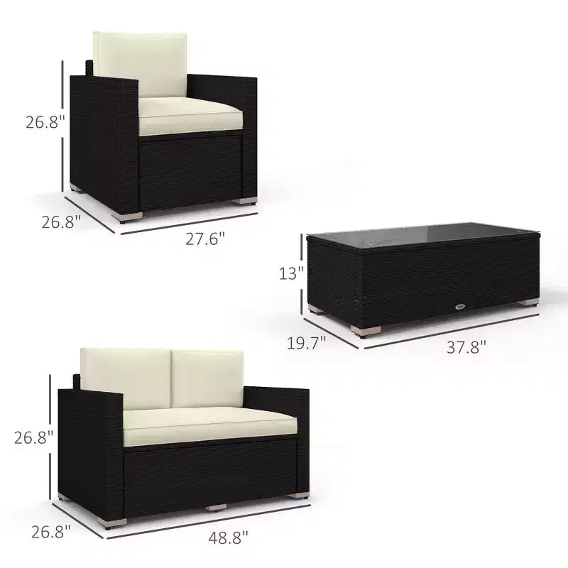 4-teiliges Rattan-Sofaset, Patio-Sofaset aus Korbgeflecht mit Zweisitzersofa, Sesseln und Couchtisch mit Glasplatte für den Garten und Außenbereich