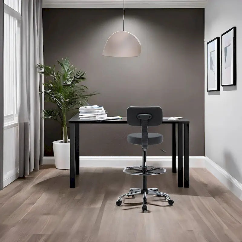 Height Adjustable Drafting Stool - With Premium Leather, Rolling Wheels