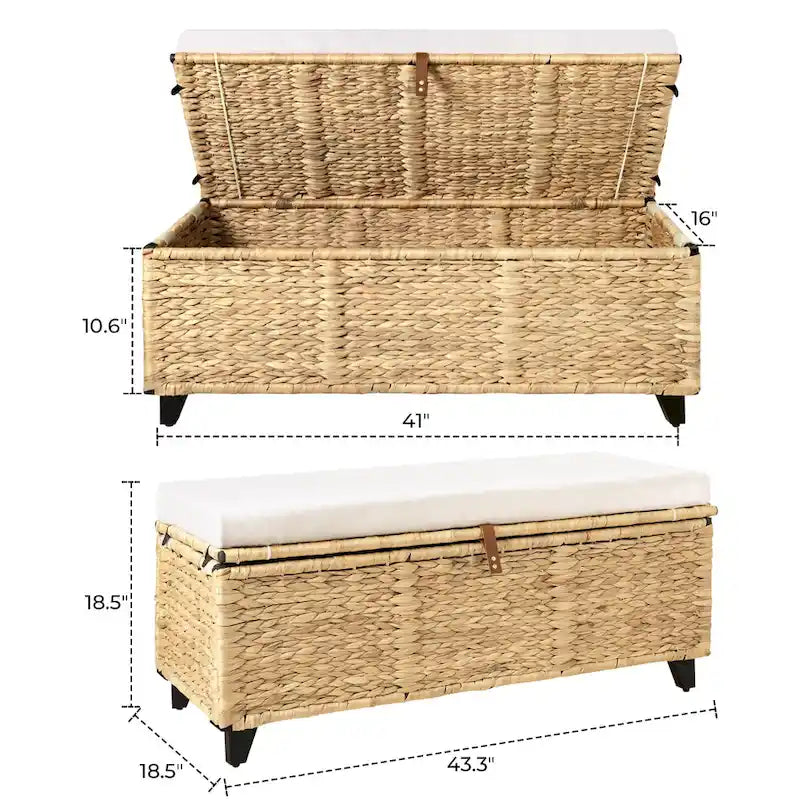 Aufbewahrungsbank aus Korbgeflecht mit Kissen für Schlafzimmer, Wohnzimmer oder Veranda - 18.5 H X 43.3 W X 18.5 D