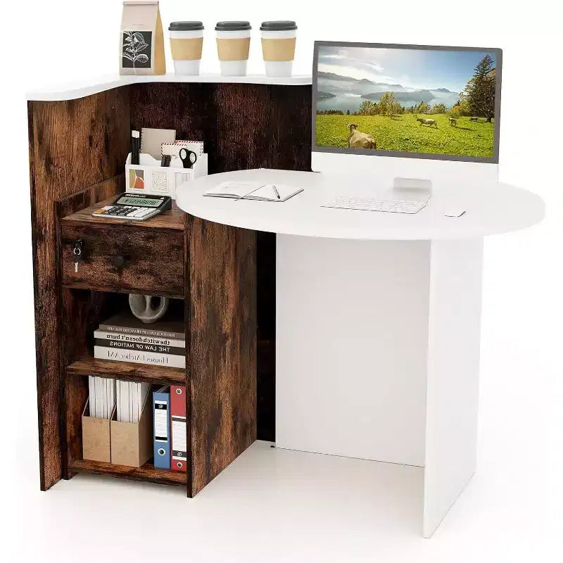 Costway Front Reception Counter Desk Checkout Office Desk with Open Shelf & Lockable Drawer White/Brown/Black