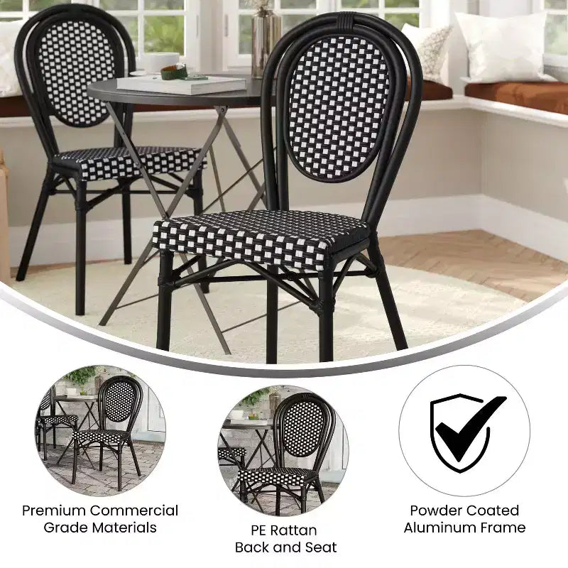 Flash Furniture Lourdes Bistro-Stapelstuhl im Thonet-Stil für den gewerblichen Innen- und Außenbereich, PE-Rattan und Aluminiumgestell