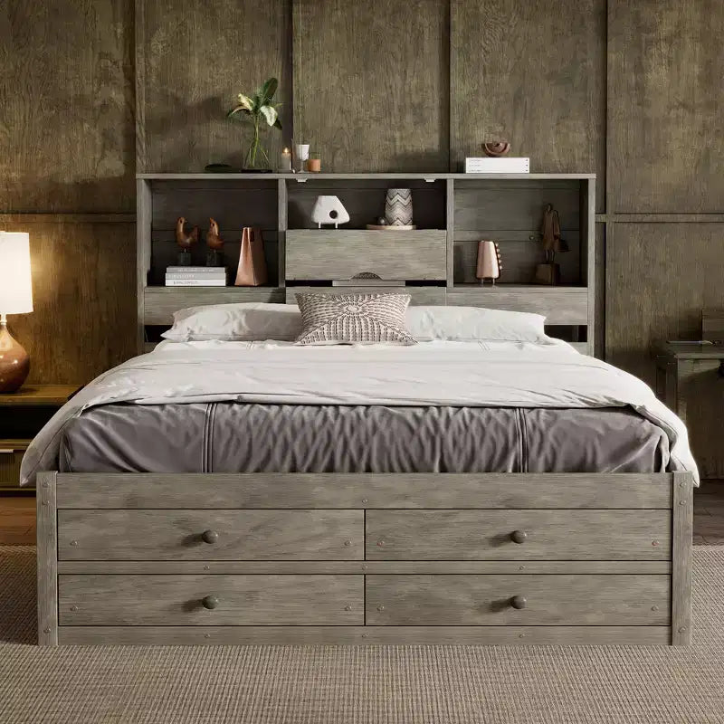 Queen/King Size Platform Bed Pine Wood Bed Frame with Storage Headboard and 8 Drawers