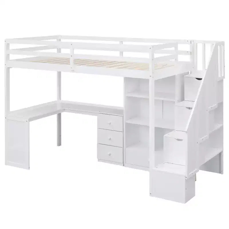 Lit mezzanine simple avec bureau en L, 3 tiroirs, armoire, rangement sous l’escalier, structure en pin massif/MDF
