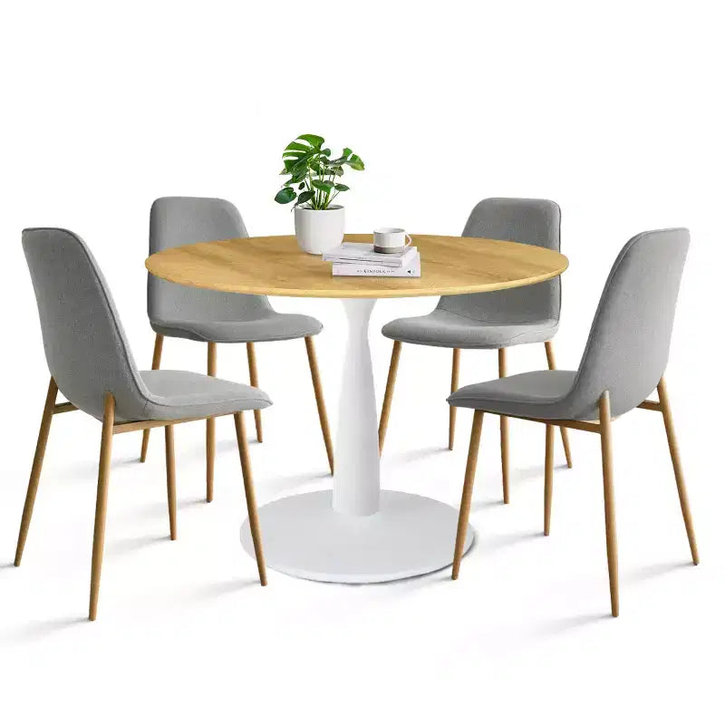 Ensemble de salle à manger rond 5 pièces, table à piètement central de 37 avec plateau effet bois et chaises courbes rembourrées, style moderne-Panipeachy