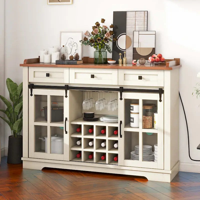 Credenza buffet con ante scorrevoli stile fienile da 53, portabottiglie e mobile contenitore per cucina