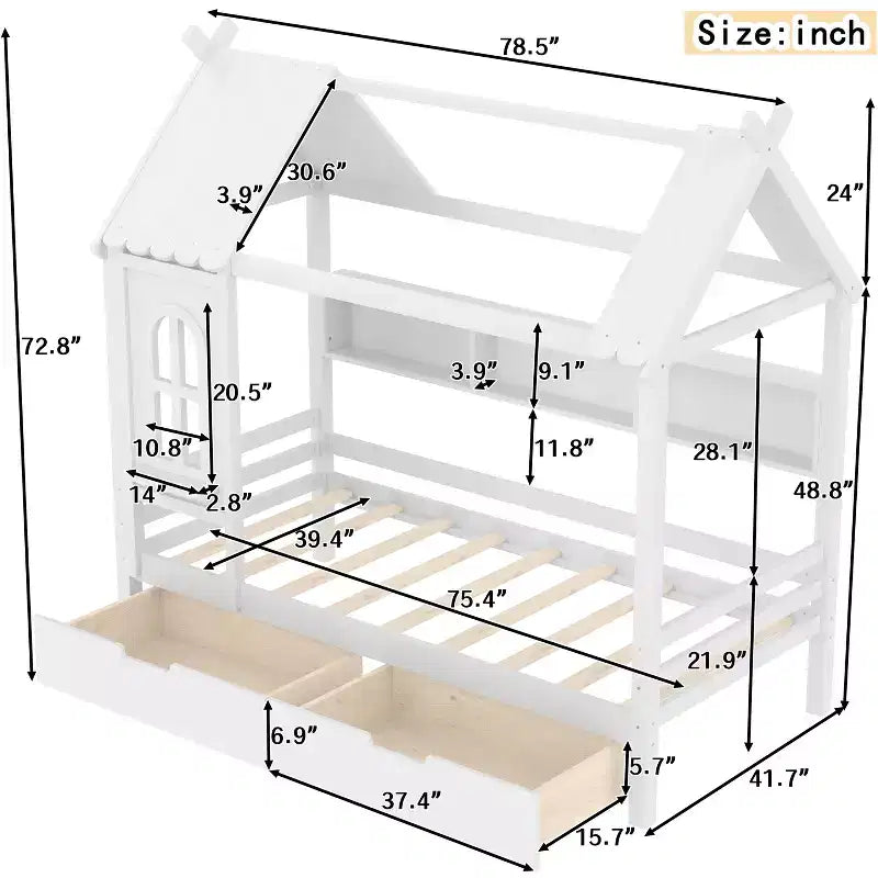 Huisbed met opberglades en raam, frame van massief hout met planken, speels kinderontwerp, lichtwit