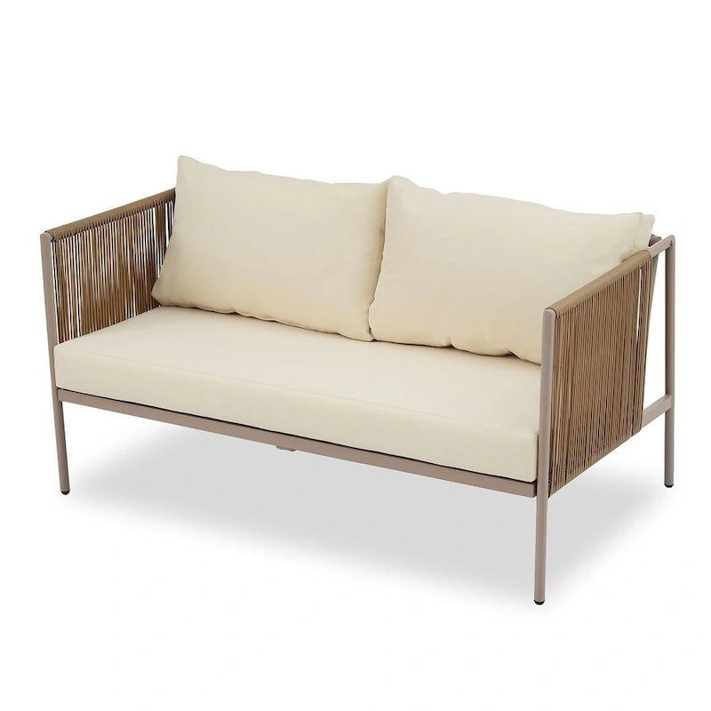 Ensemble de patio extérieur en corde, 4 pièces pour 4 personnes, avec coussins et table en verre