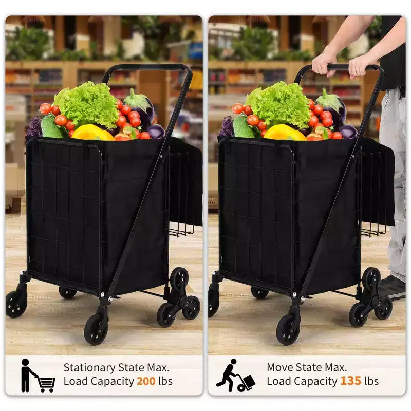 Chariot de courses tout-terrain pour escaliers - 3 roues pivotantes à 360, doublure imperméable,135LBS,chariot pliant en acier au carbone pour le linge et les courses
